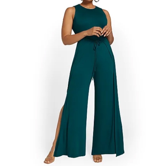 New York & Company Pants - Teal Tie-Waist Knit Jumpsuit
